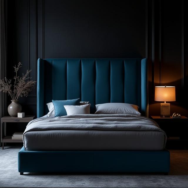 Letto matrimoniale con testiera in velluto della collezione Notturno.